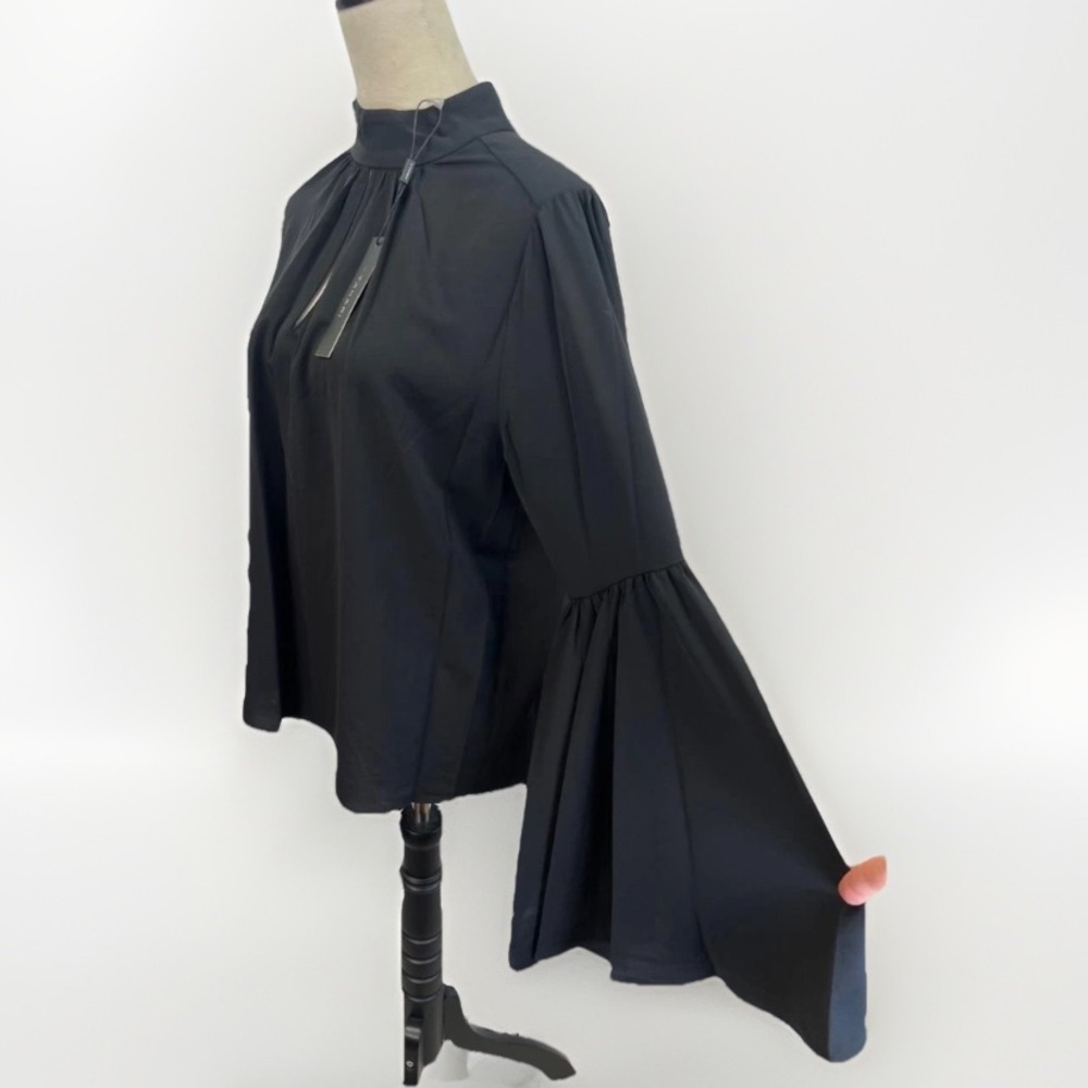 T Tahari Blouse Womens Size S Black Mock Neck Keyhole Large Bell Sleeve Chic